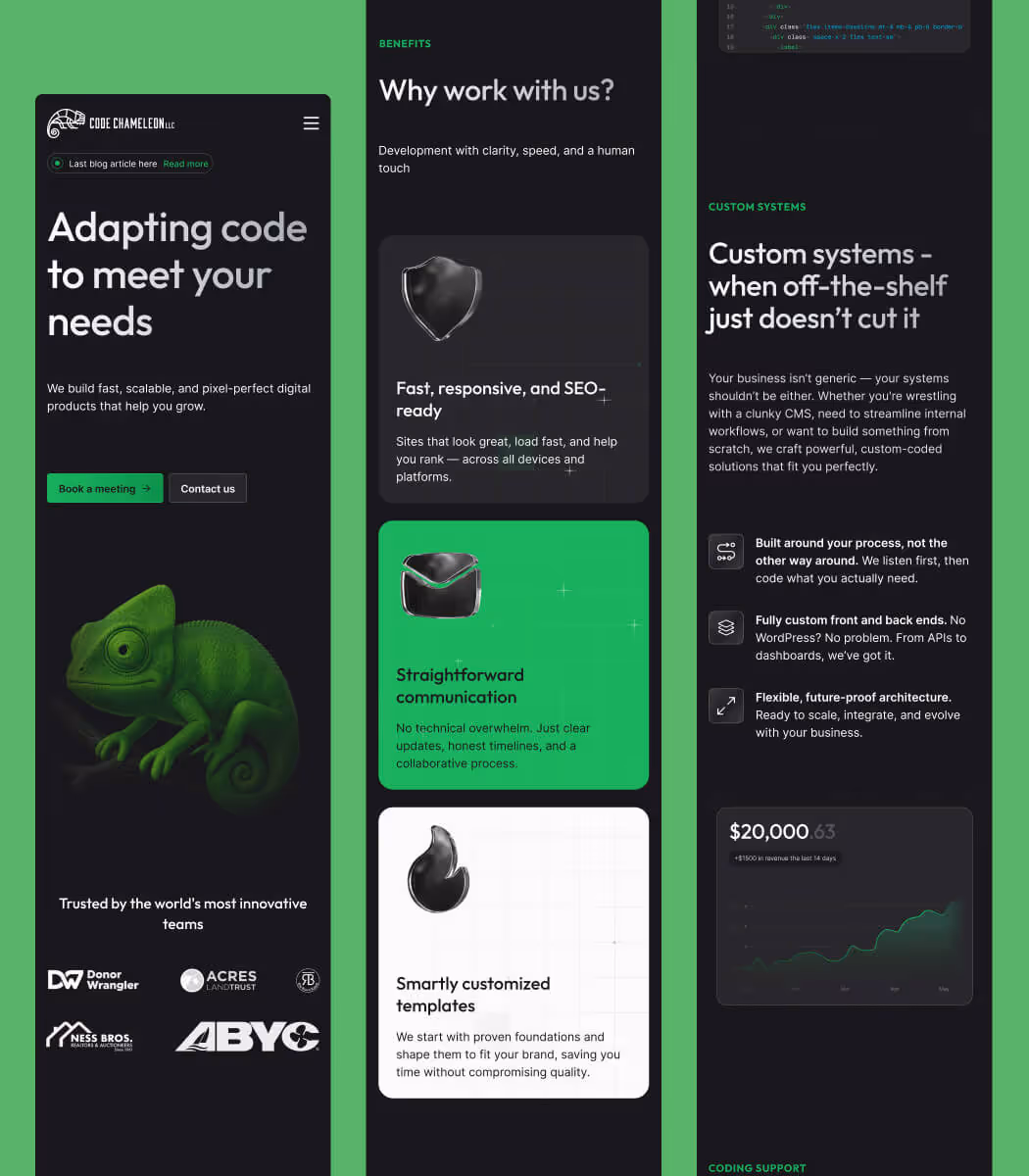 Website design for Code Chameleon LLC showing benefits of their services, including fast, responsive, SEO-ready development, straightforward communication, and smartly customized templates, alongside custom system solutions tailored for businesses. The site features a green chameleon image, company logo, call-to-action buttons labeled 'Book a meeting' and 'Contact us,' and logos of trusted partners. The layout uses black and green colors and includes a graph with a revenue figure of $20,000.63.