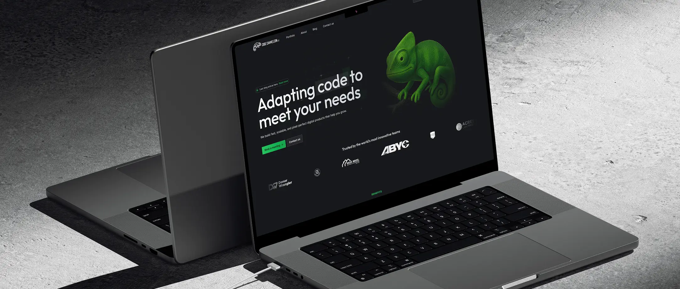 Two dark gray laptops on a concrete surface, one closed and one open showing a website with a green chameleon graphic and text reading 'Adapting code to meet your needs' with navigation links, buttons, and logos.