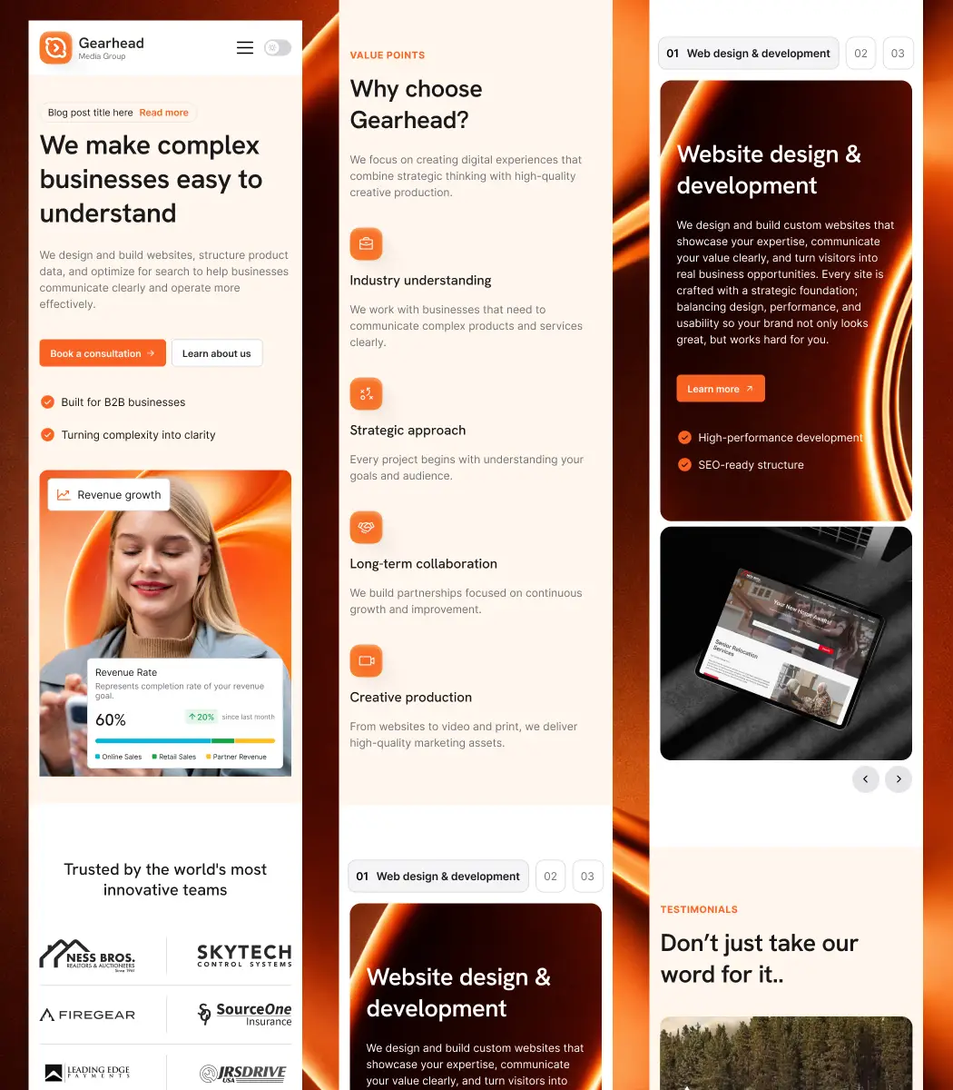 Webpage layout for Gearhead Media Group with sections describing their services for business website design and development. The left column shows a blog post title, a photo of a woman with a revenue growth chart, and client logos. The center column lists value points including industry understanding, strategic approach, long-term collaboration, and creative production with icons. The right column highlights website design services, a tablet displaying a website, and a testimonials section.