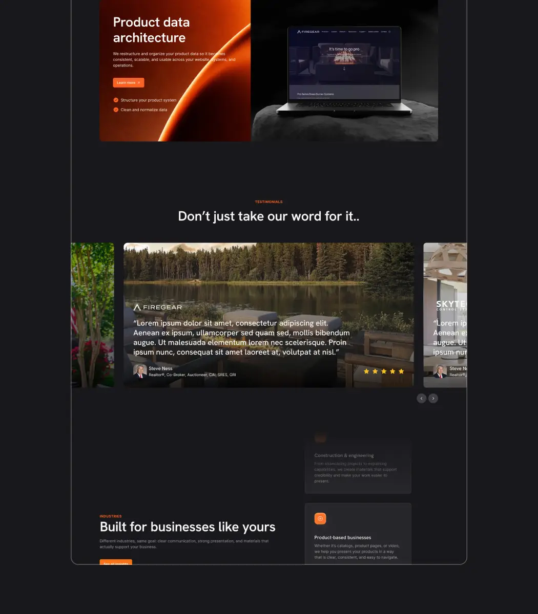 Website section showing product data architecture with text on an orange abstract background and a laptop image. Below is a testimonials section with text over a scenic lake and forest photo, a five-star rating, and a profile photo with credentials. Further down is an industries section titled 'Built for businesses like yours' with brief explanatory text and a button labeled 'See all insights.'