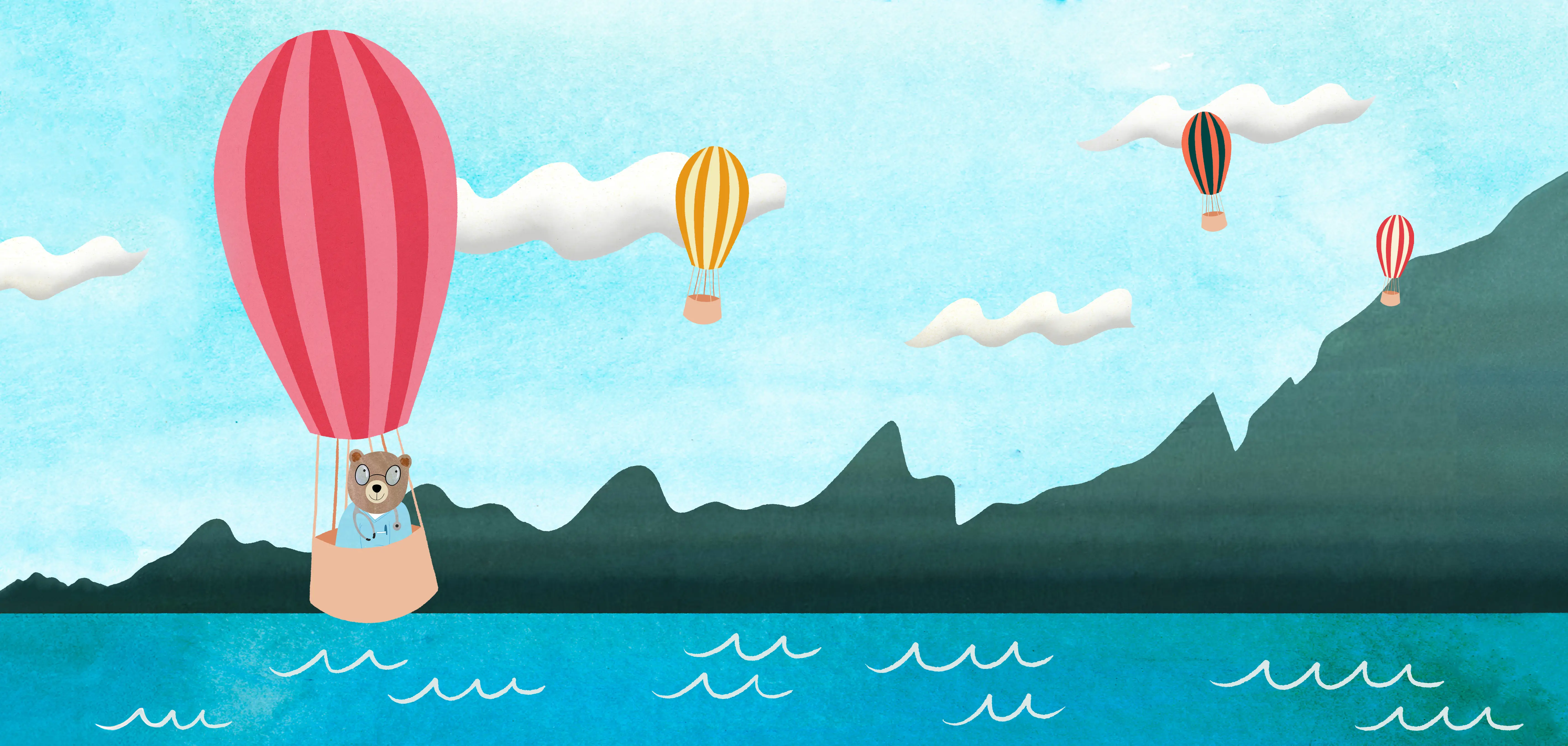 QuickSlot Health: cartoon doctor bear in a hot-air balloon over a turquoise lake and mountains, illustrating EMR automation.
