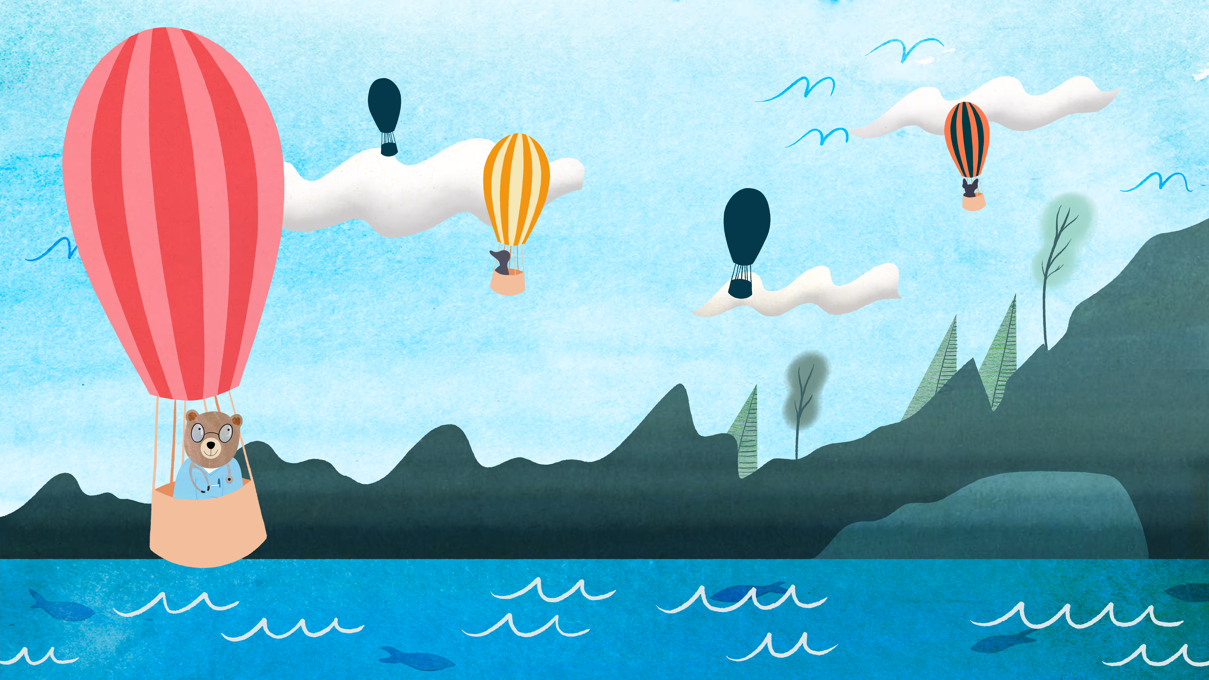QuickSlot Health: cartoon doctor bear in a hot-air balloon over a turquoise lake and mountains, illustrating EMR automation.