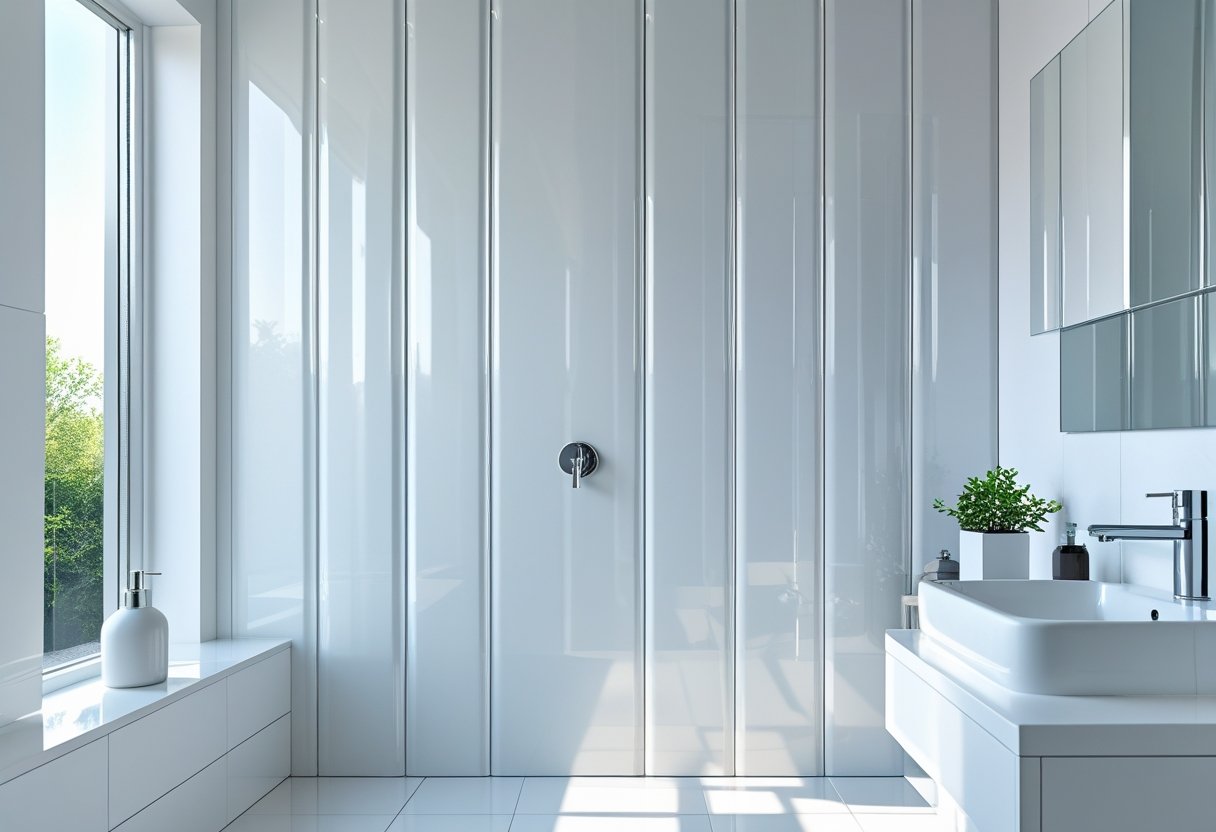 A bright bathroom with white plastic wall panels, a sink with a chrome faucet, a mirror, and bathroom accessories.