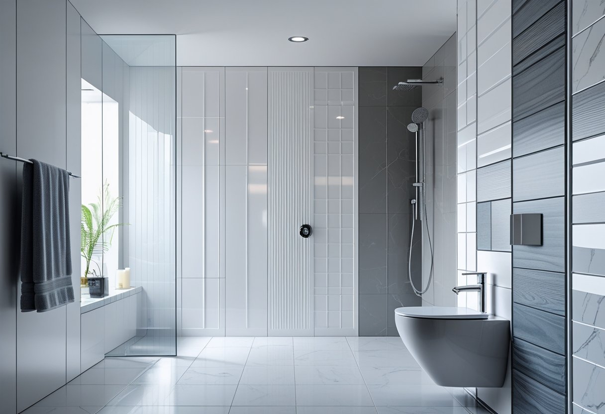 A modern bathroom with various types of plastic wall panels covering the walls, including smooth, textured, and wood grain styles, featuring a shower area and sink.
