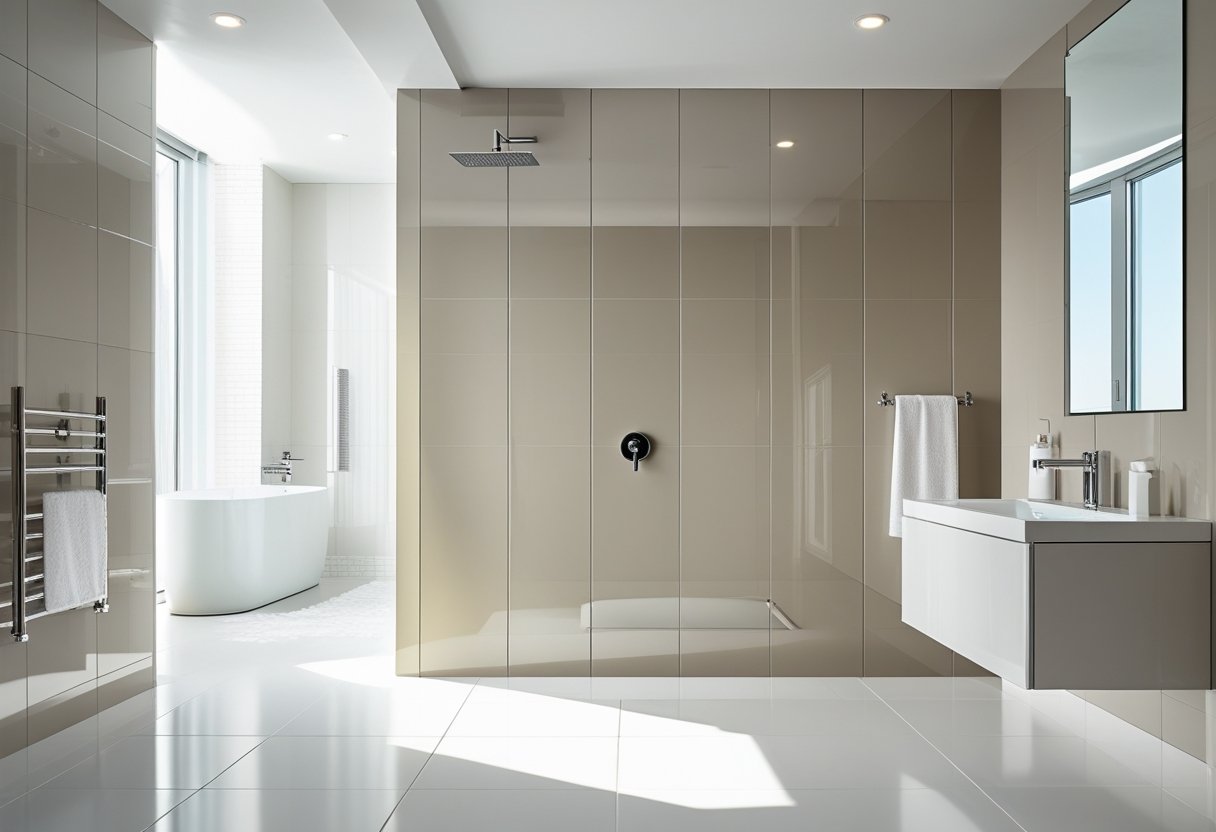 A modern bathroom with smooth, glossy plastic wall panels covering the walls around a shower and vanity area.