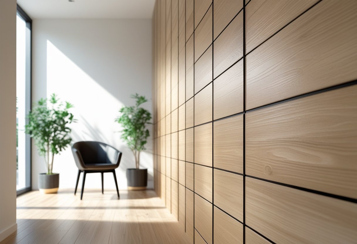 A modern interior wall covered with horizontal wooden plank panels, with a small plant and chair nearby.