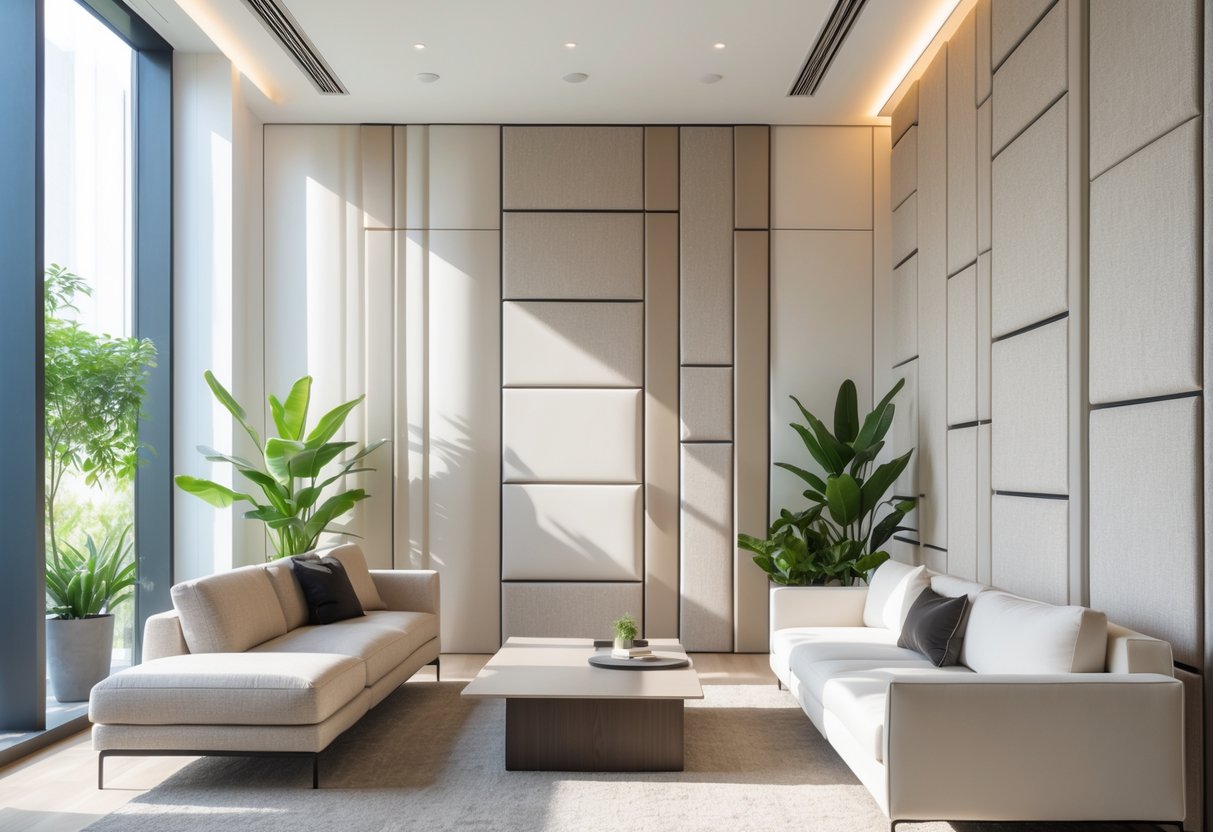 A modern interior room featuring decorative and acoustic wall panels with furniture and natural light.