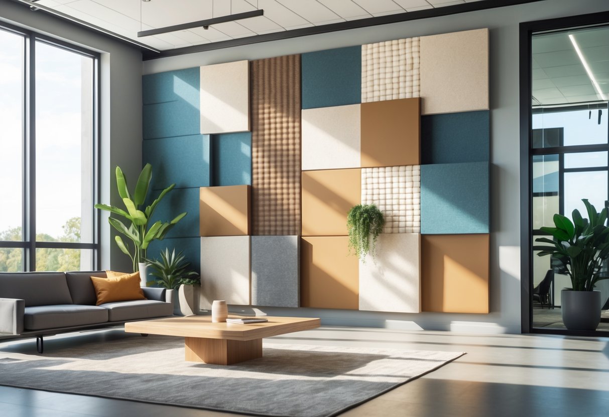 A modern room with decorative and acoustic wall panels, natural light, and contemporary furniture.
