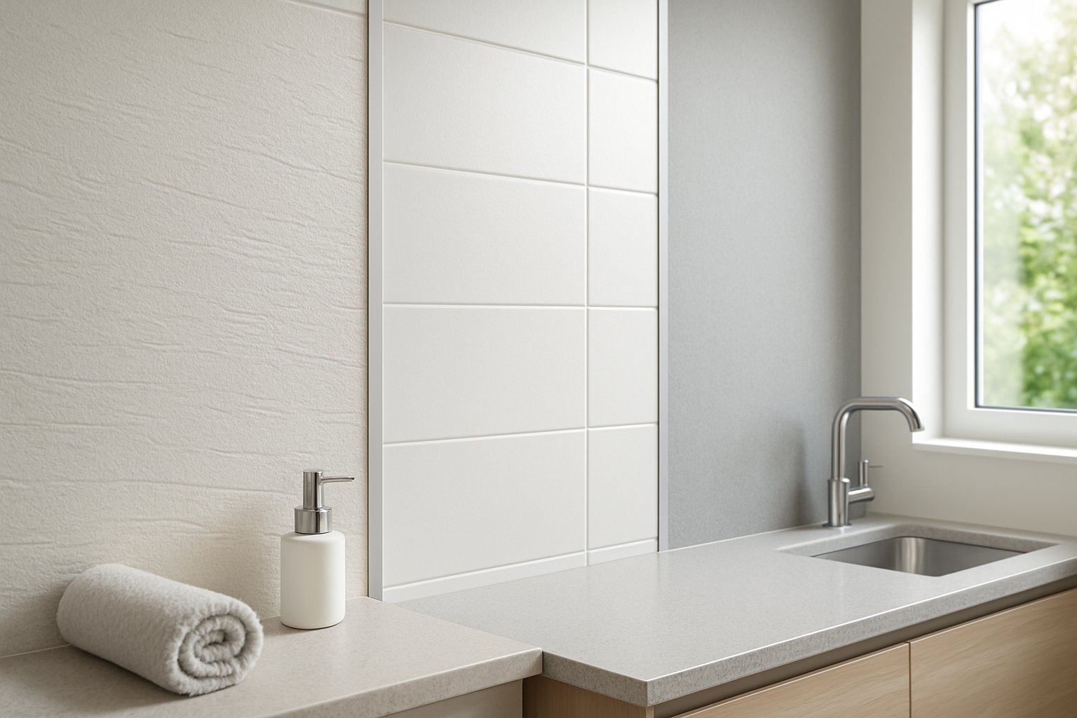 Interior room showing different types of water resistant wall panels in a bathroom or kitchen setting.