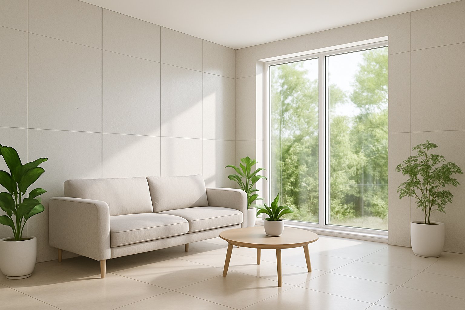 A modern interior room with light-colored water resistant wall panels, minimal furniture, and natural light coming through large windows.