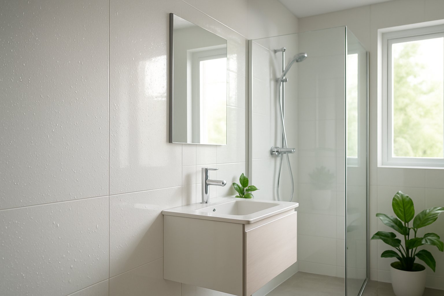 A modern bathroom with glossy water-resistant wall panels, a floating vanity, glass shower, and green plants.