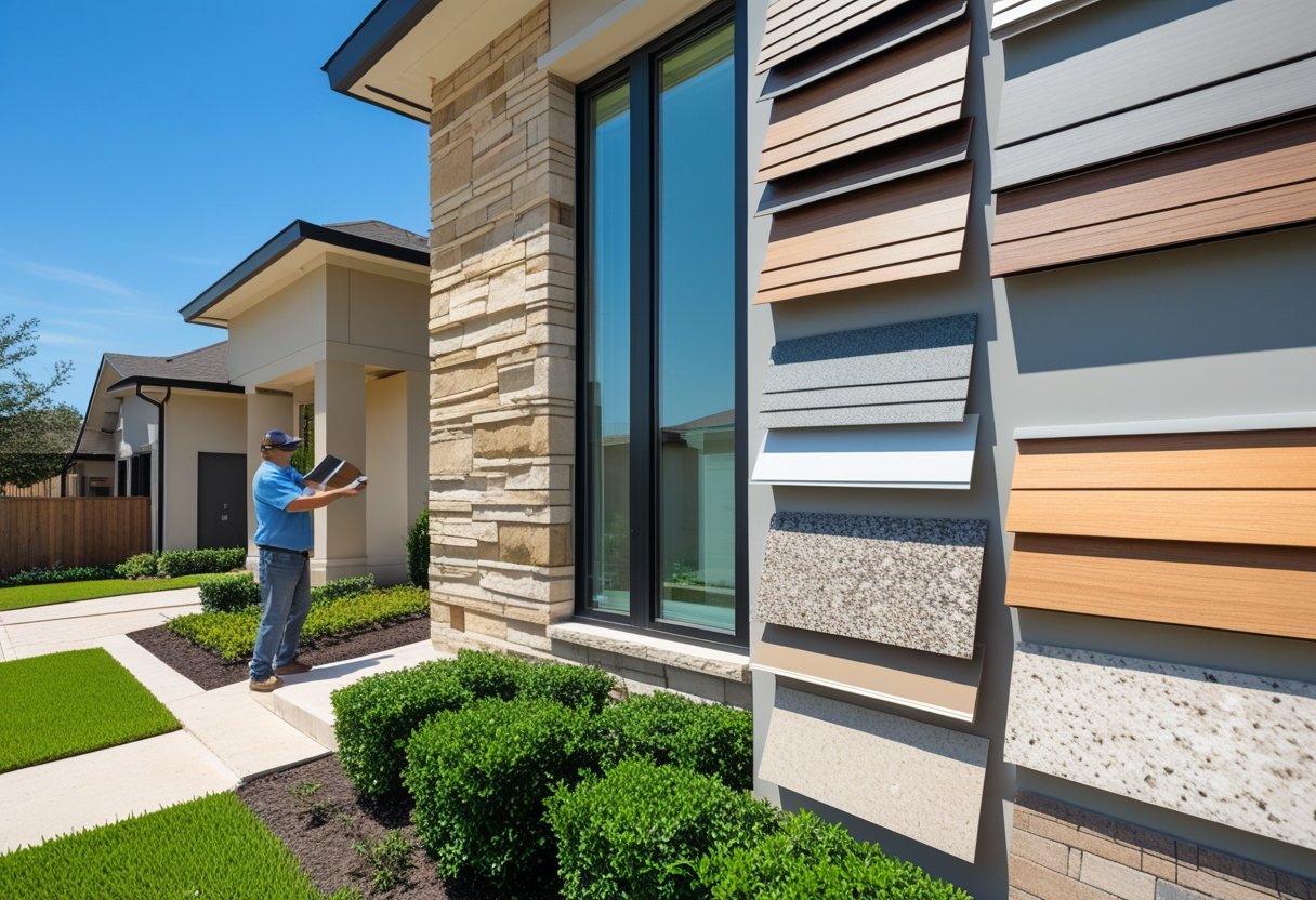A person examining different outdoor wall cladding samples in front of a modern house with various siding materials and clear blue skies.