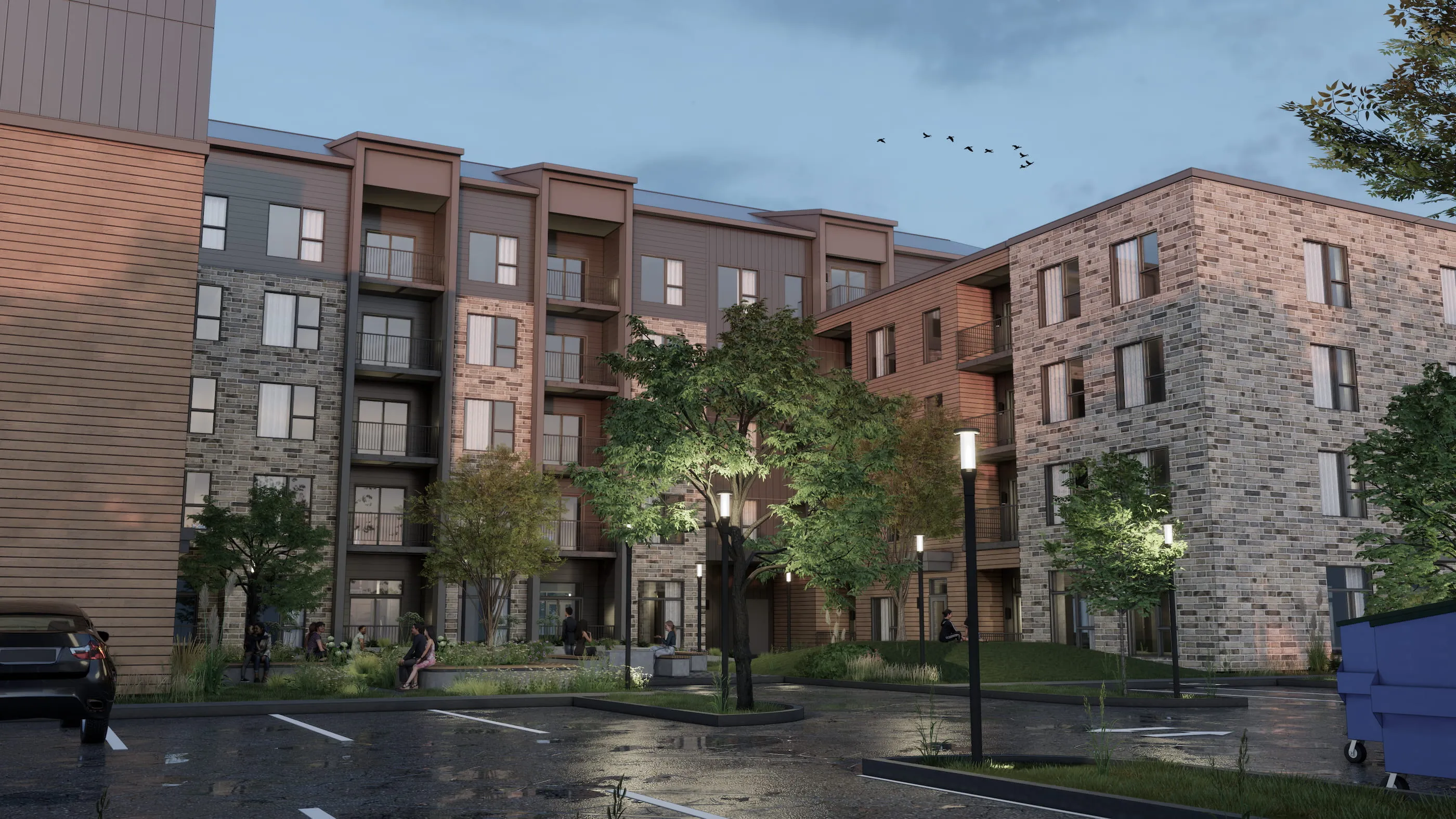 Salon moderne et lumineux avec deux fauteuils beiges arrondis, une table basse en verre noir, un canapé blanc élégant, de grandes fenêtres avec rideaux blancs transparents, une plante verte et un sol clair en pierre ou carrelage.