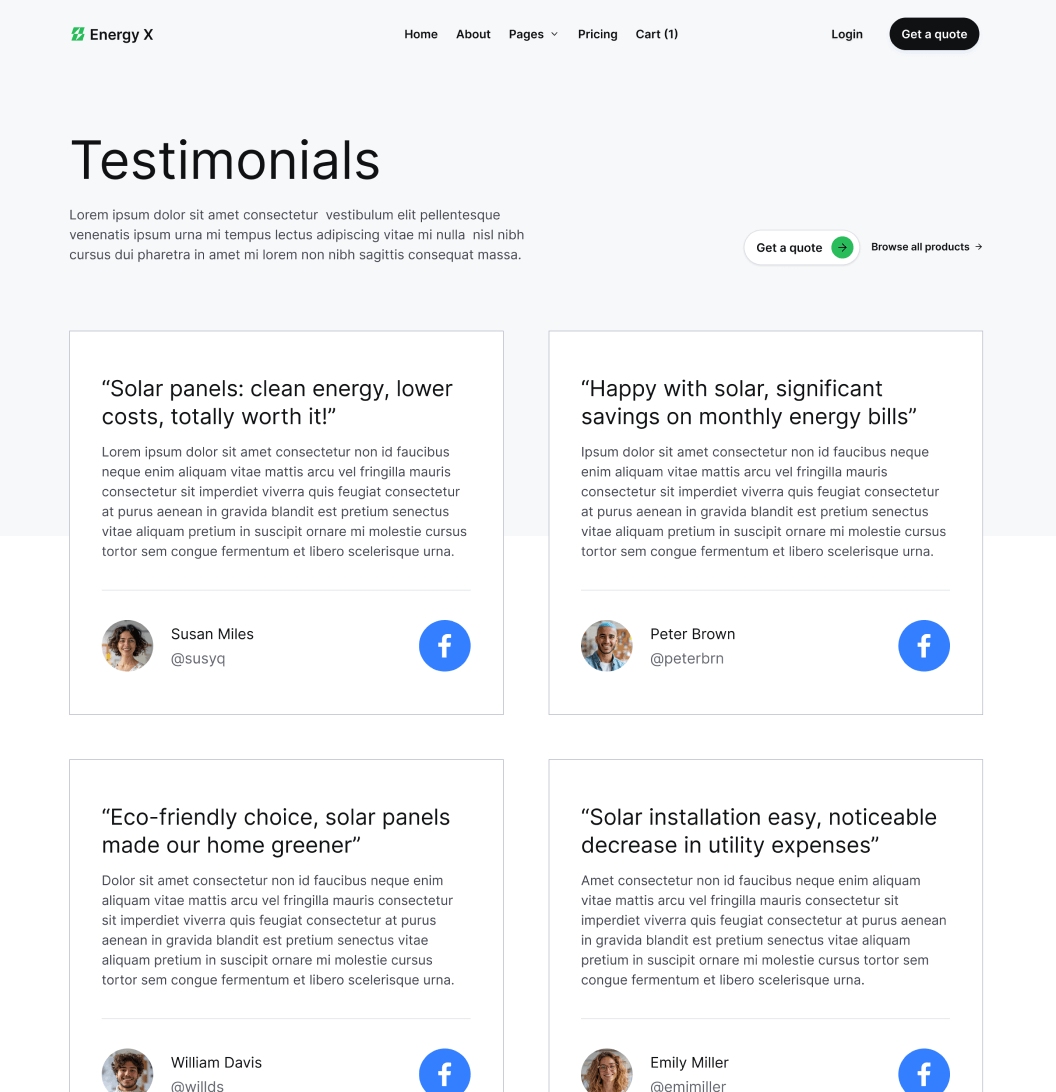 Energy X - Customer Testimonials Main Page Energy Webflow Template