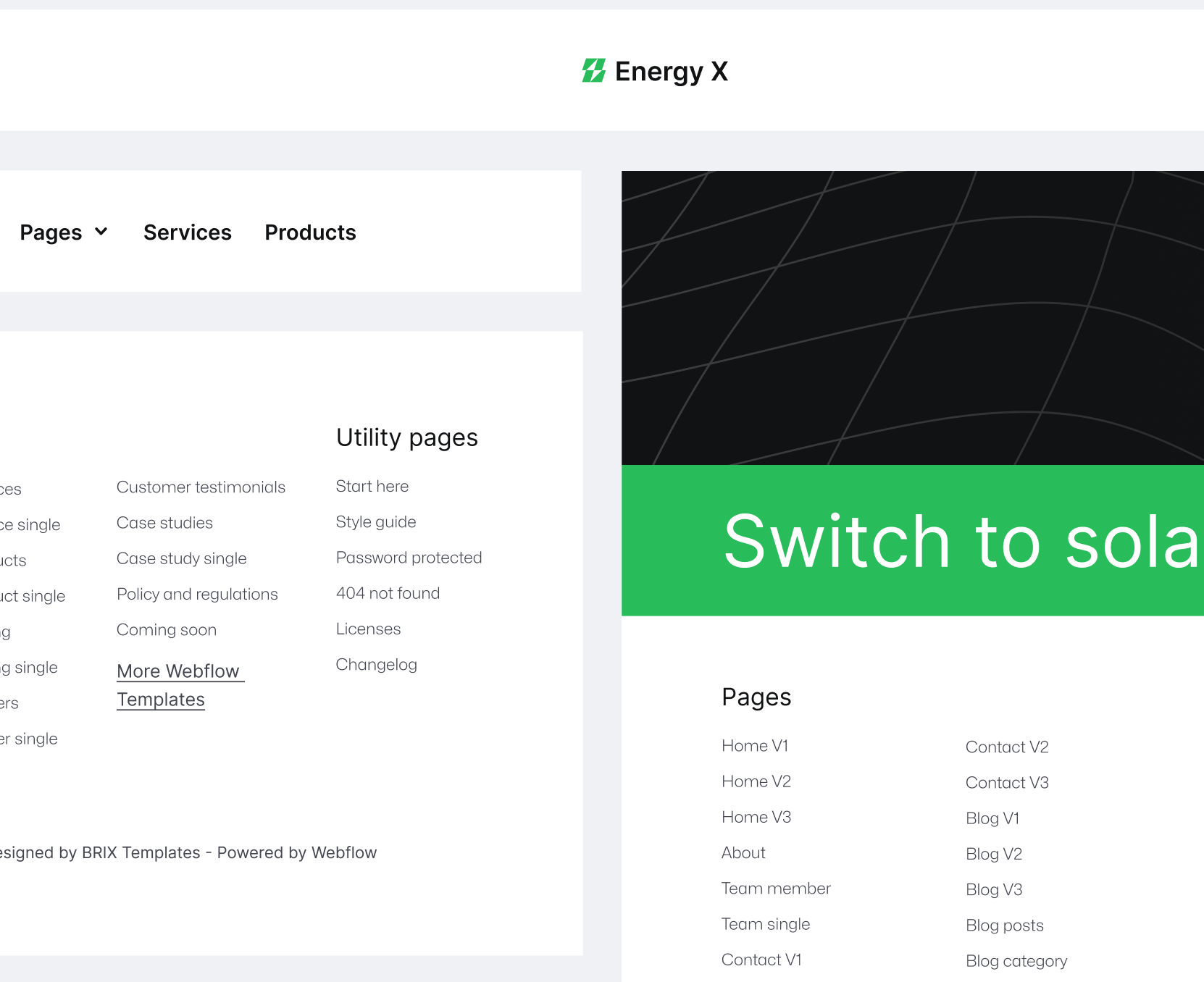 Energy X - 3 Headers And Footers Energy Webflow Template