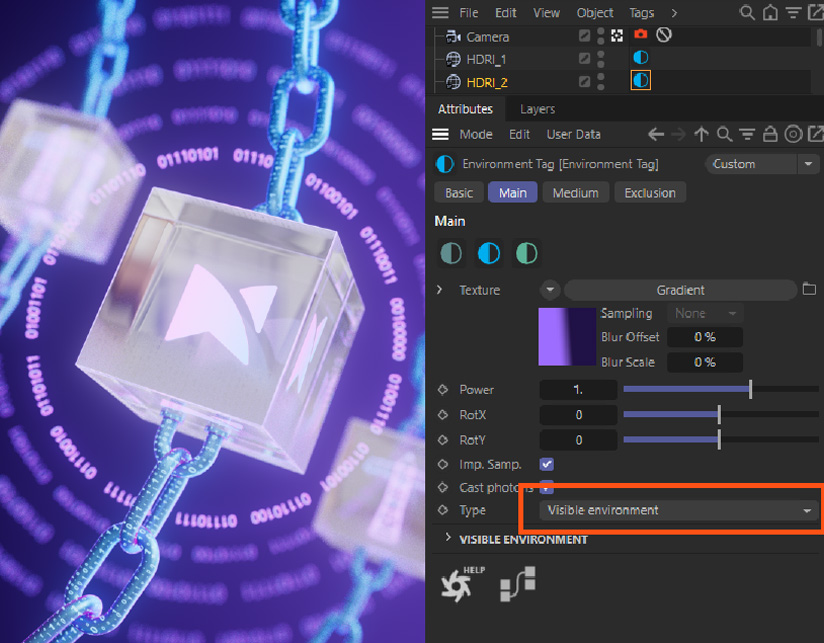 Instead of adding a traditional backdrop, which blocks light and necessitates additional lighting, we opt for a new HDRI map. This approach allows light to pass through, maintaining the existing lighting setup. After adding the new HDRI, ensure it has the correct color or gradient in the texture field. In our case, it’s a gradient.Once the new HDRI is ready, change its type to Visible Environment. This swap allows for the new background to appear, but the original reflections inside the glass cube might persist from the previous HDRI.