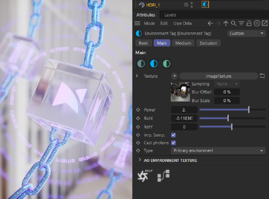Our scene is already set with an HDRI map, which by default, is set to the Primary Environment type.