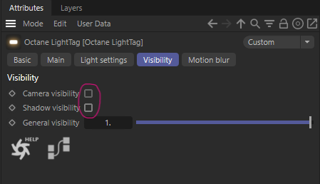 Continue to the Visibility tab within the same Light Tag. Here, uncheck the Camera and Shadow visibility options.