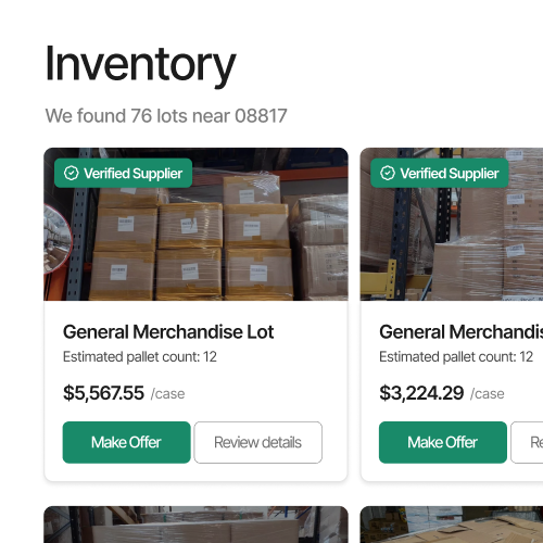 Available inventory lots with photos, pallet count, and offer buttons