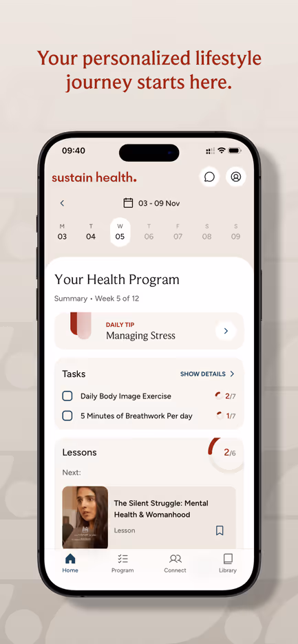 Screenshot of the Sustain Health Hub app homepage showing a personalised lifestyle journey.