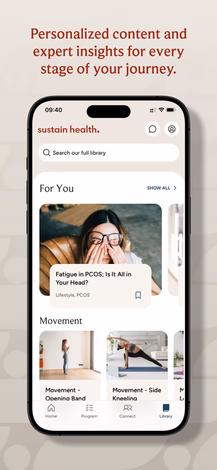 Screenshot of the Sustain Health Hub app content library with personalised, and topic-specific content carousels.