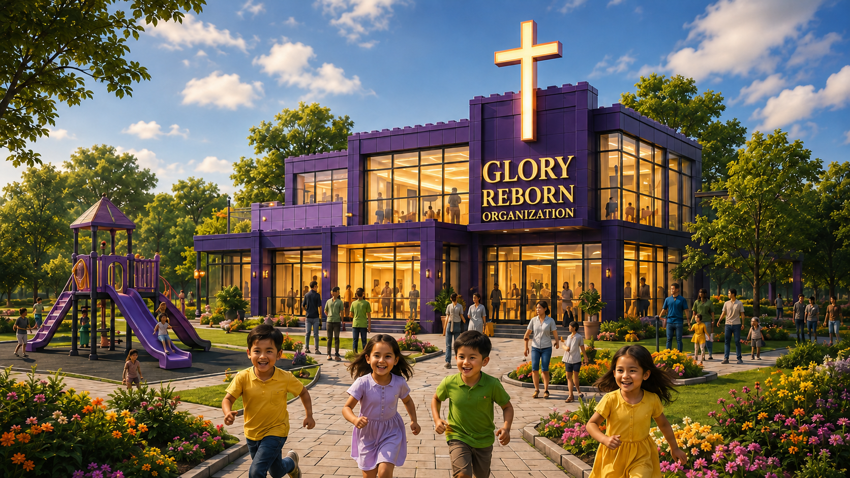 Glory Reborn Organization building surrounded by families and children