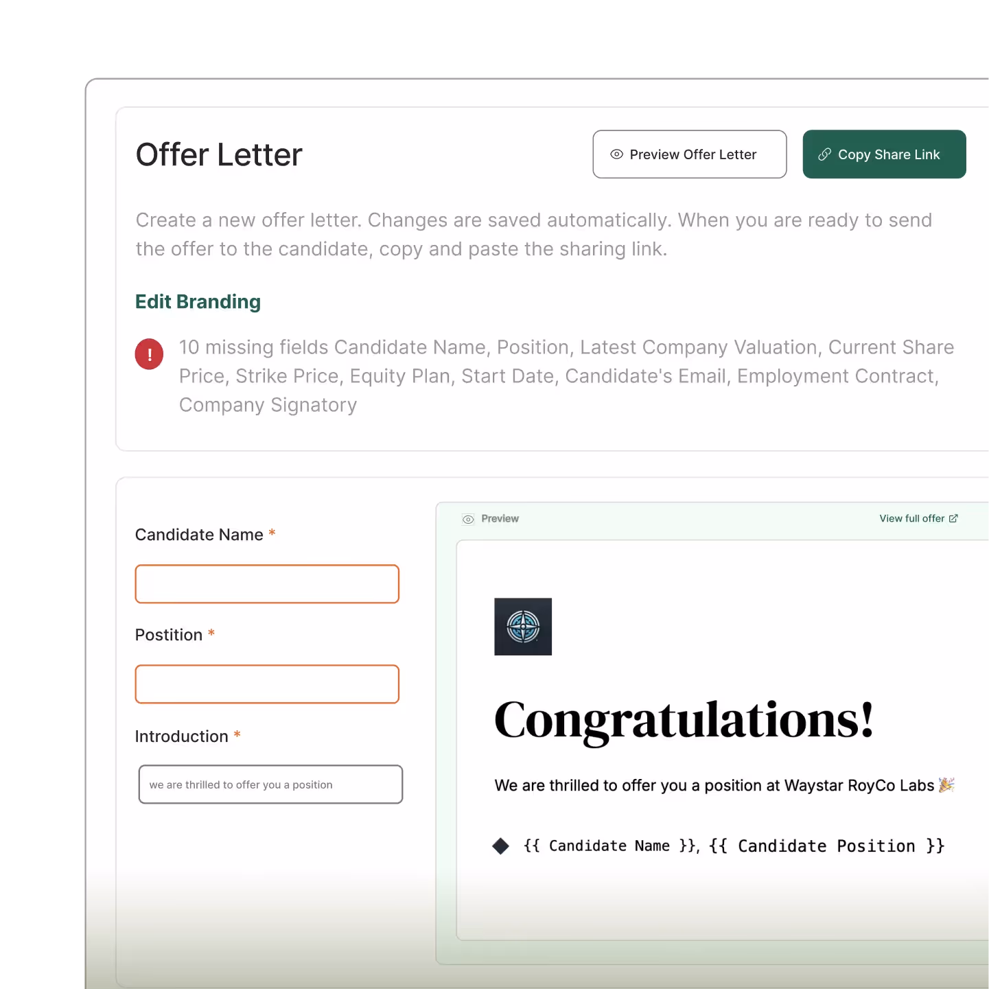 Offer letter preview