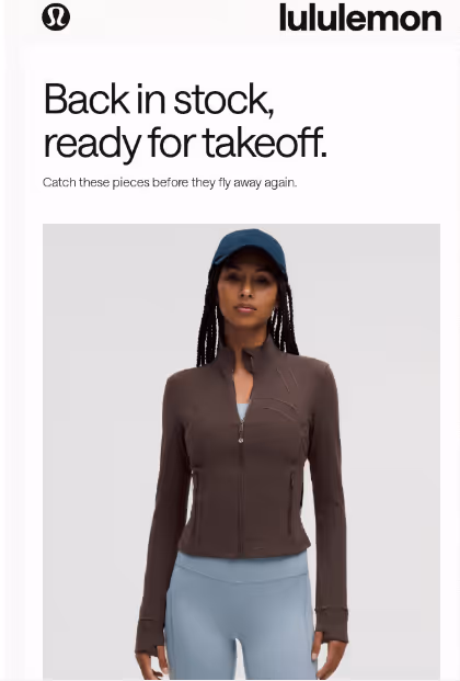Lululemon email announcing restocked items with a product image and urgency messaging.