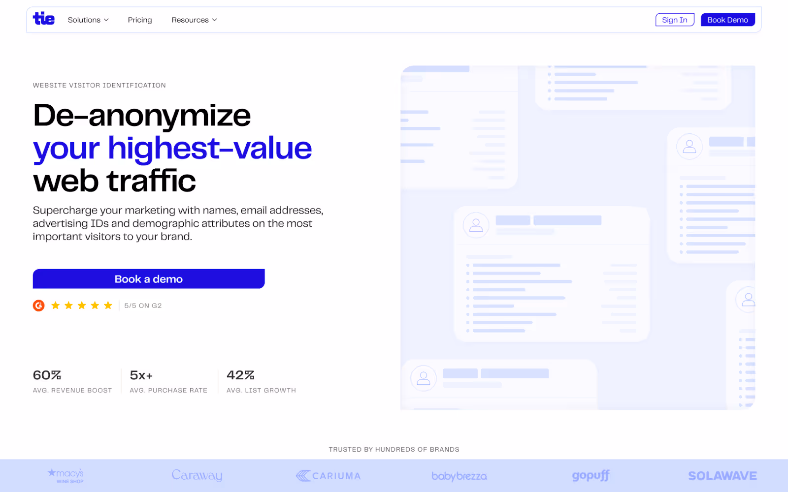 Tie homepage banner promoting web traffic de-anonymization and a demo CTA.