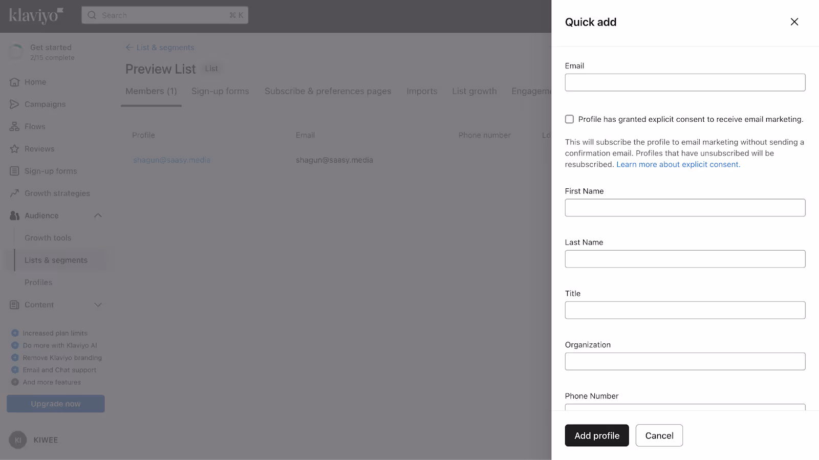Klaviyo's 'Quick Add' form interface allowing users to manually input email, name, organization, and other details to create a new subscriber profile.