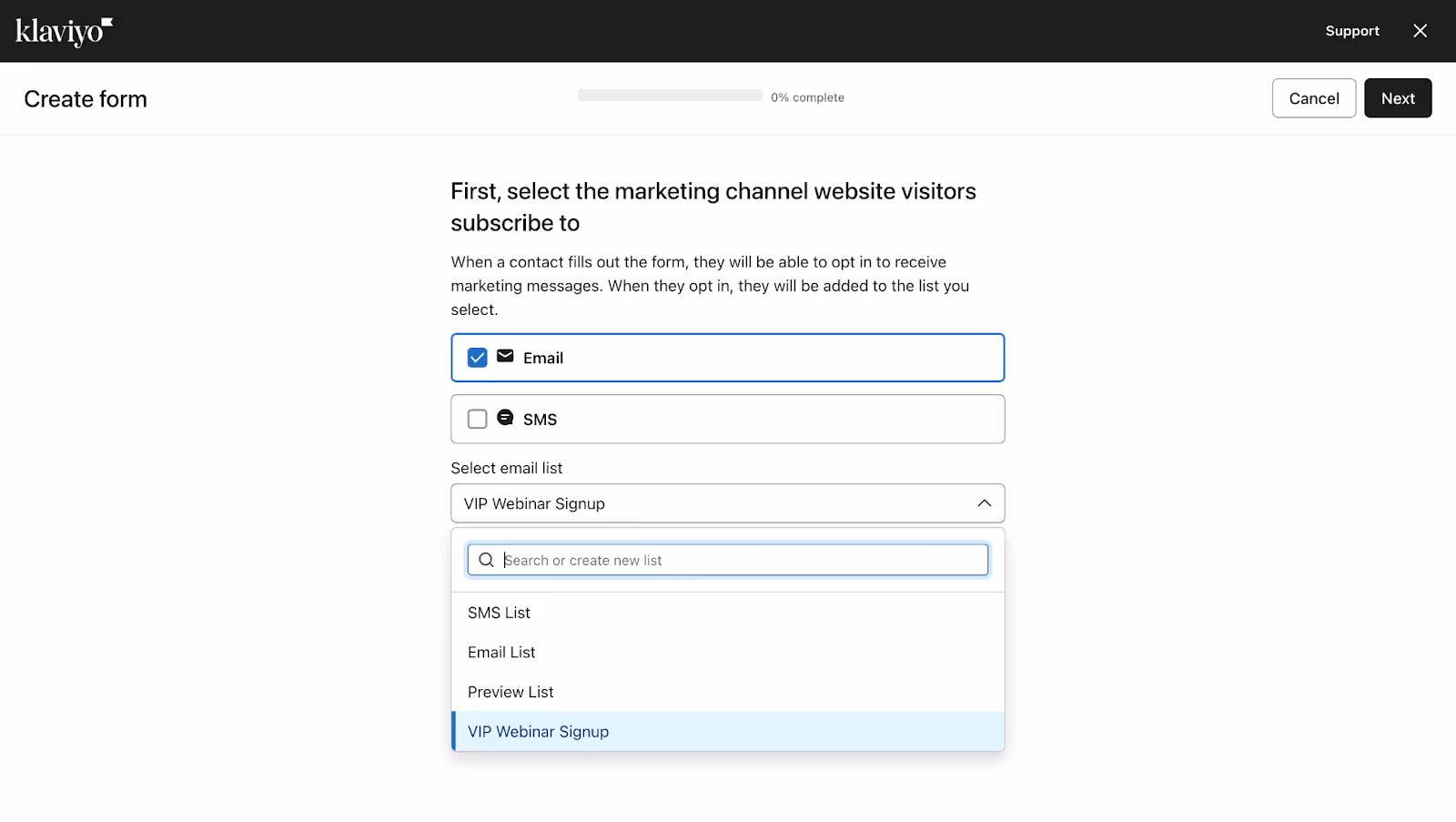 Klaviyo’s signup form builder interface showing the selection of subscription channels like Email and SMS and the dropdown to assign a list, currently set to 'VIP Webinar Signup.'