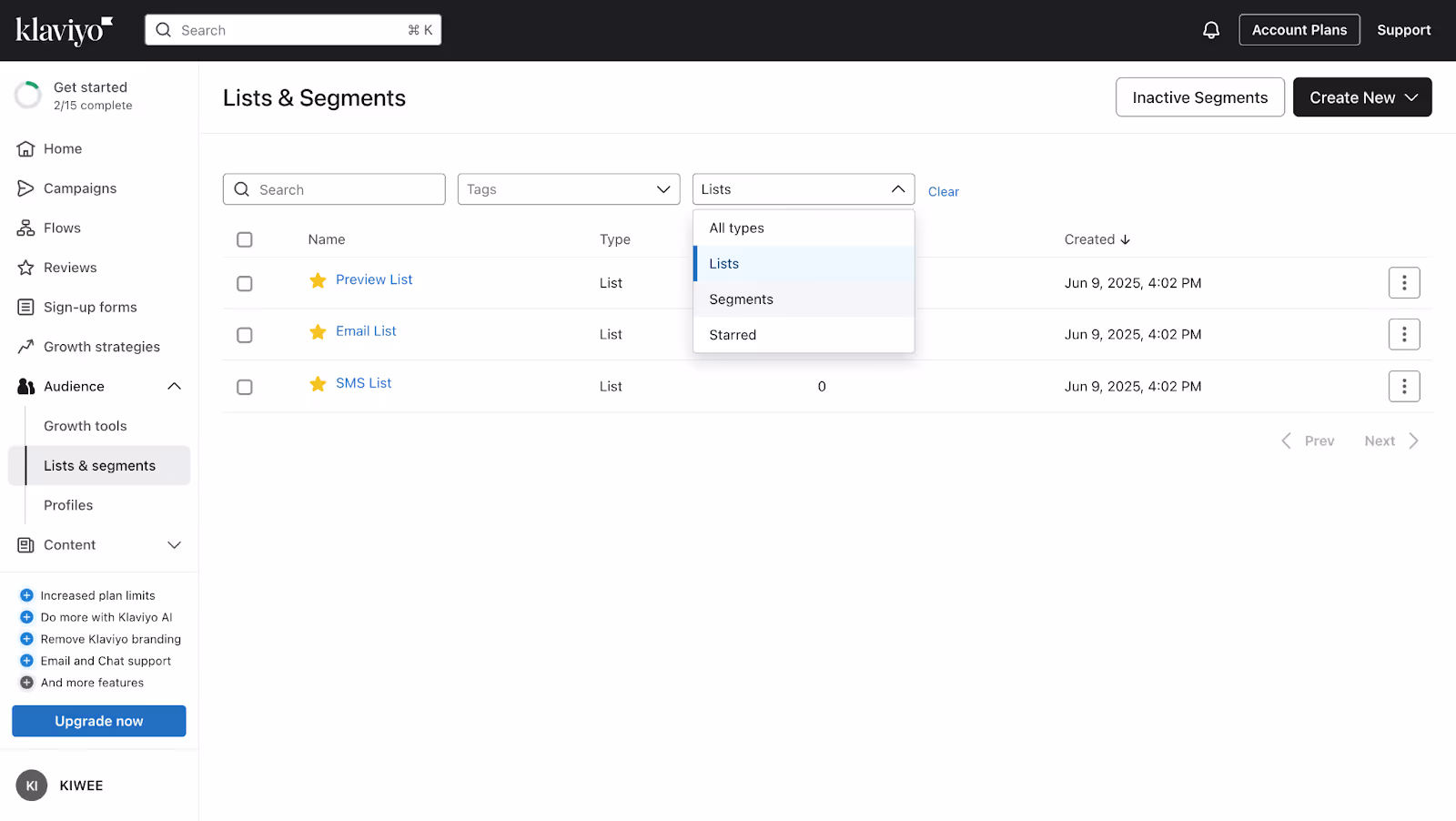 Alternate view of Klaviyo's 'Lists & Segments' page displaying various lists like 'Preview List', 'Email List', and 'SMS List' along with creation timestamps.