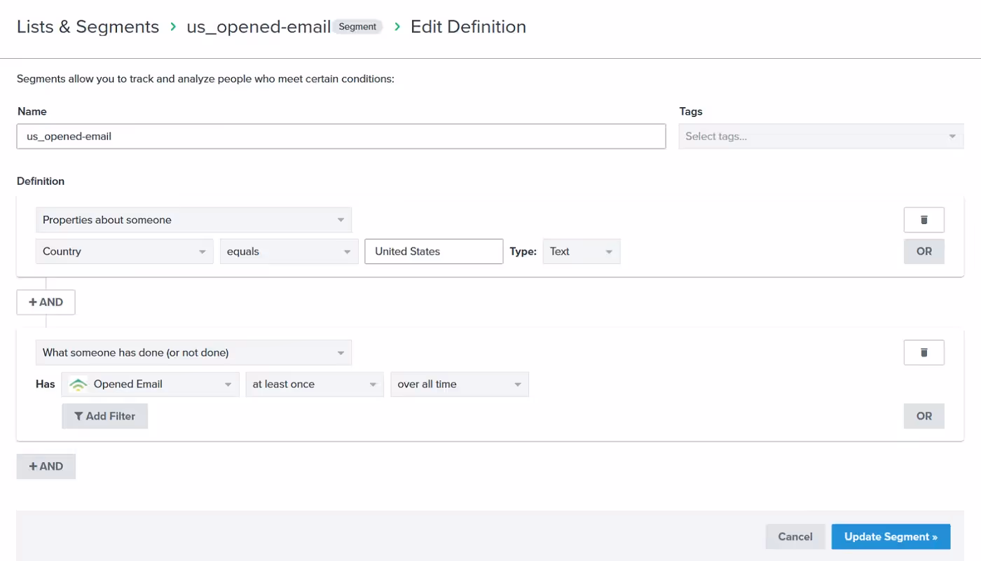 Klaviyo interface for editing segment definition. Segment filters shown include country equals United States and opened email at least once over all time.