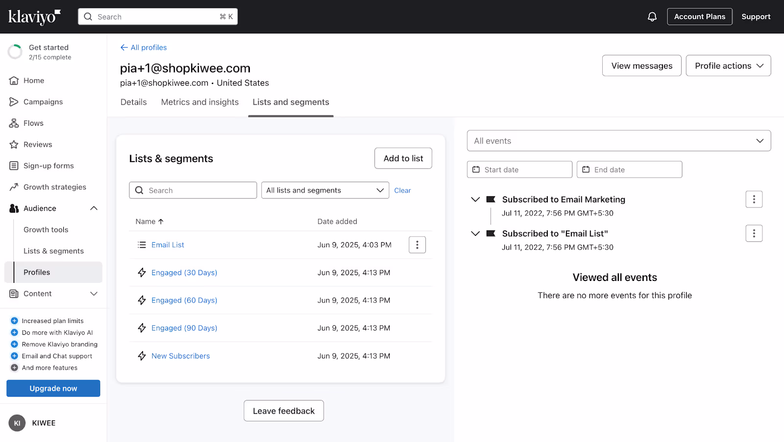View of a Klaviyo user profile showing all associated lists and segments, including Email List, Engaged (30, 60, and 90 days), and New Subscribers.