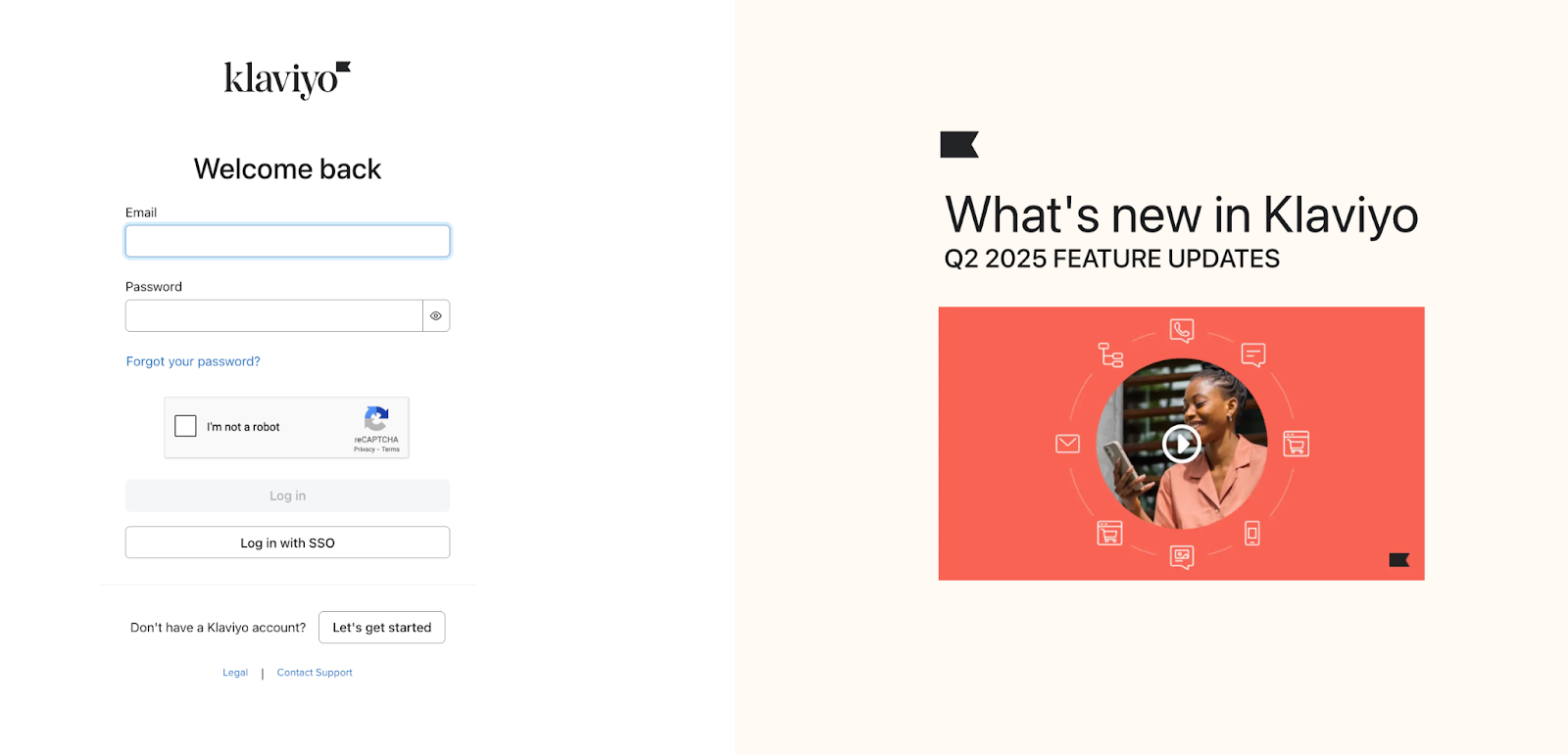 Klaviyo login page showing email and password fields with ‘Log in’ and ‘Log in with SSO’ buttons