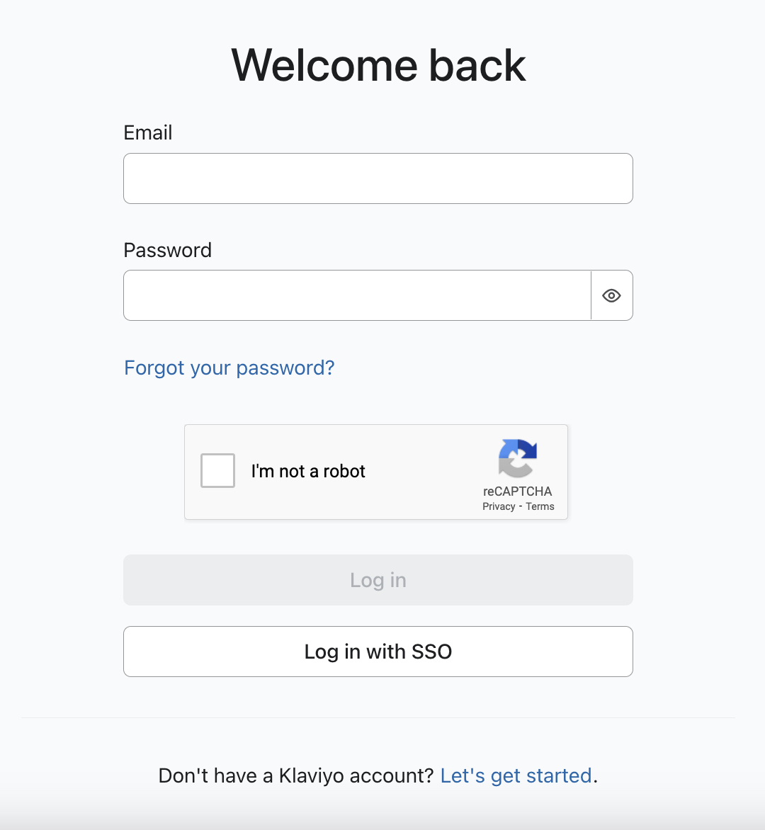 Klaviyo login page showing email and password fields