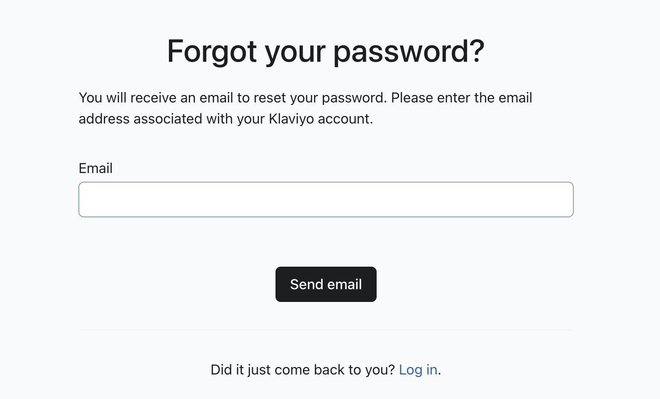 Password reset form on Klaviyo login page prompting user to enter email address