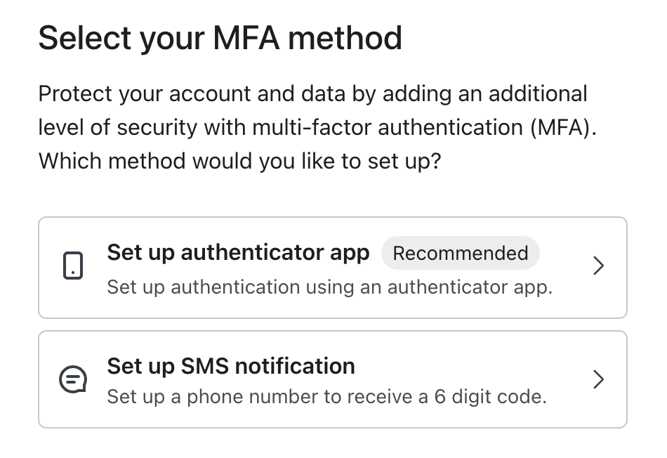 Klaviyo's pop-up prompting you to choose between two MFA methods