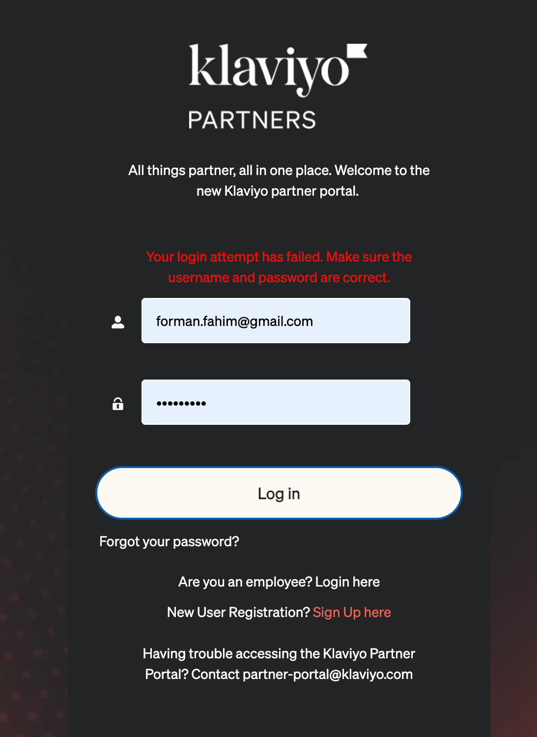 Klaviyo Partner Portal showing login error in red text: ‘Your login attempt has failed. Make sure the username and password are correct.’