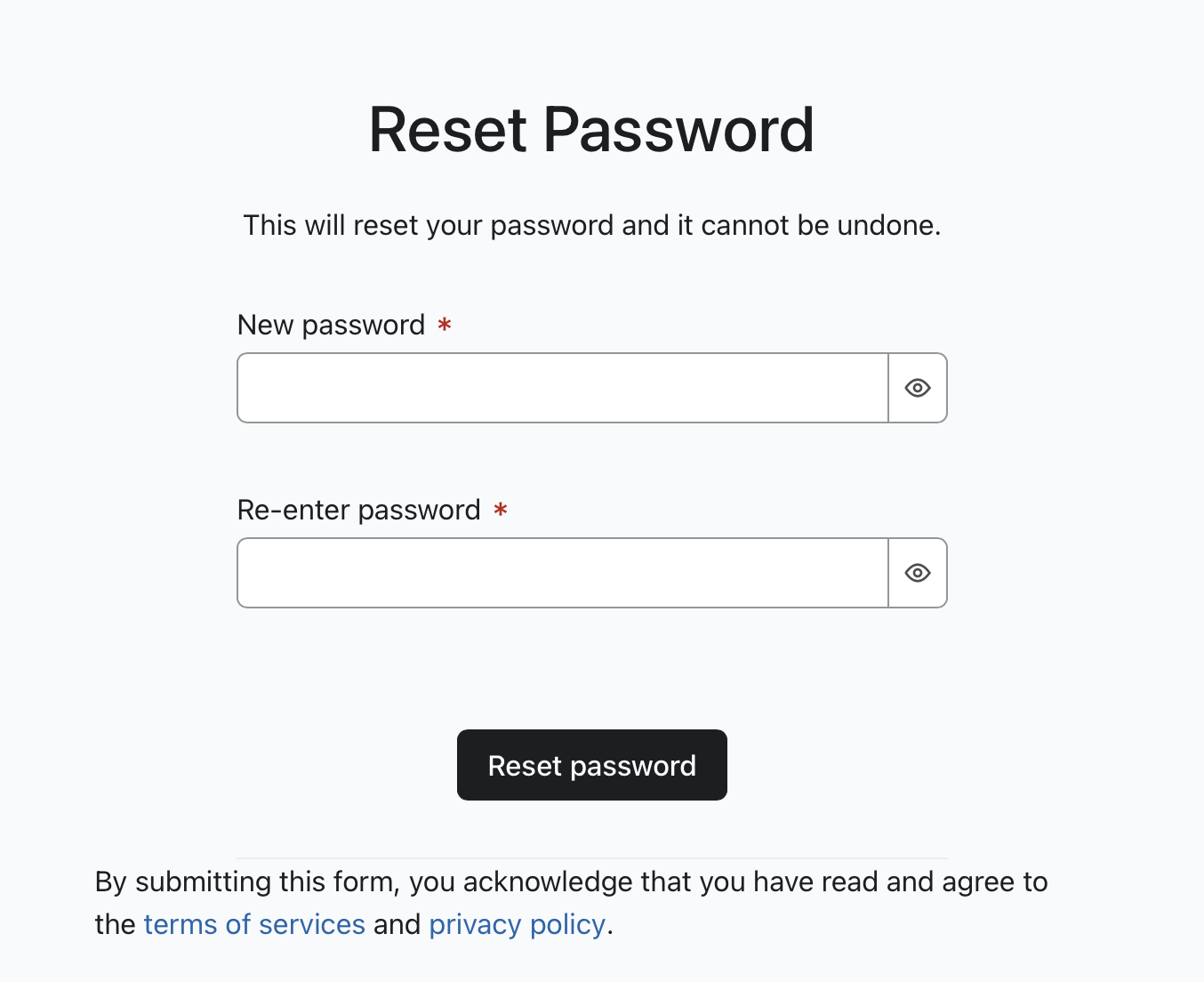 Reset password form showing password requirements: 8–64 characters, no common terms, one special character