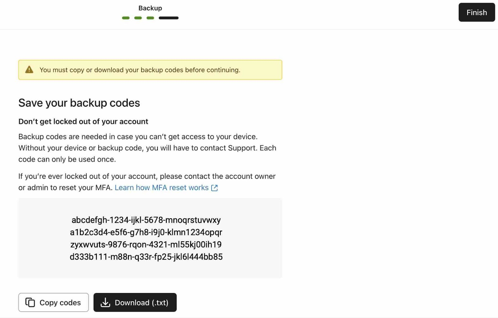 Backup code screen in Klaviyo showing four one-time use codes with copy and download options