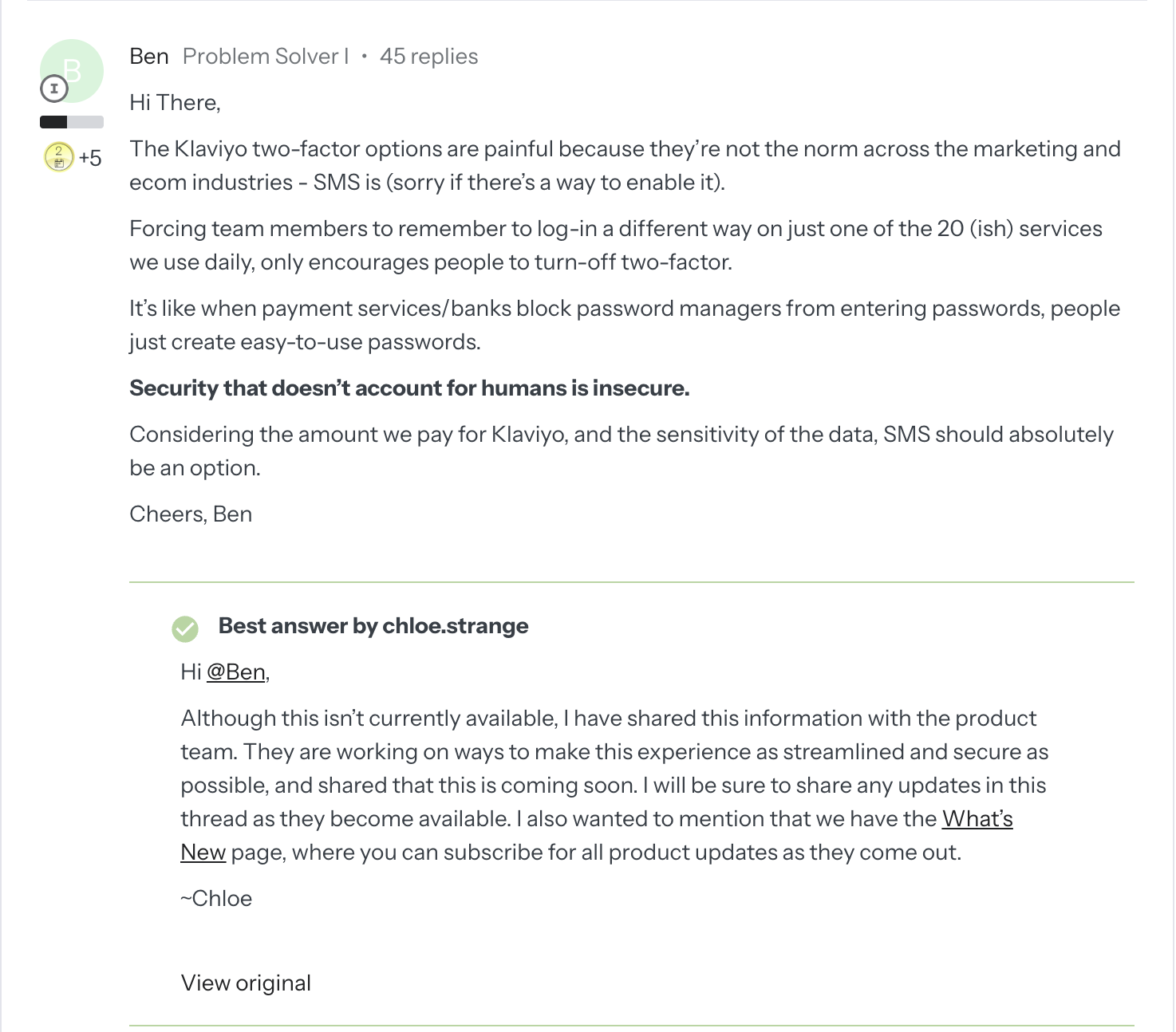 Screenshot of Klaviyo's community post