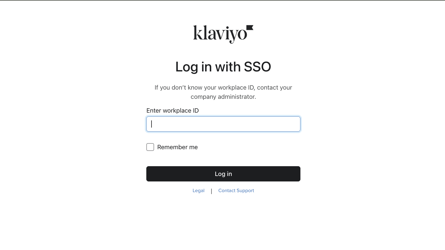 Klaviyo SSO login page showing workplace id field