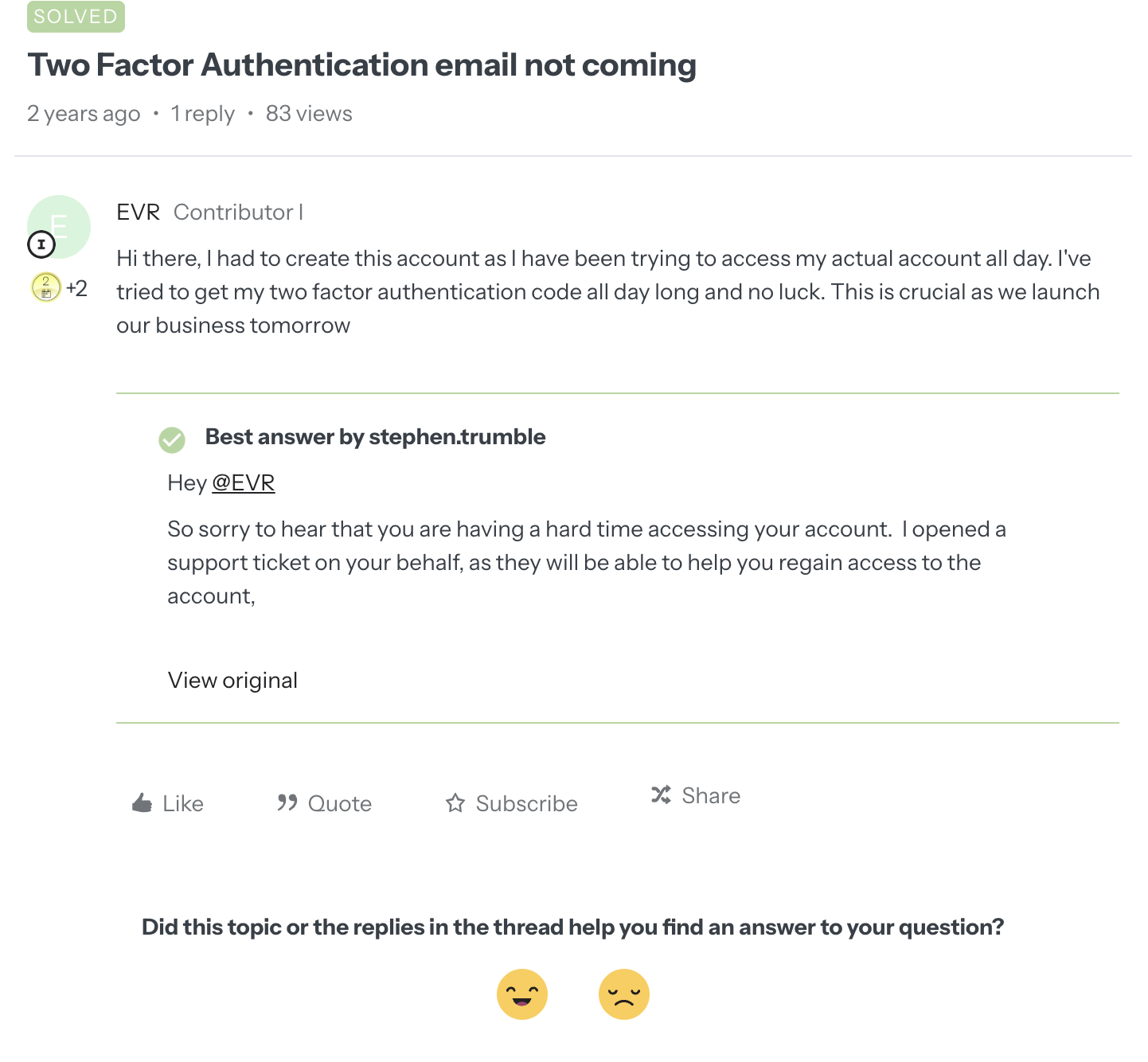 User post on Klaviyo Community about MFA error