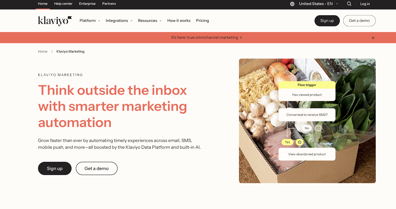 Klaviyo homepage with login button highlighted in top navigation bar