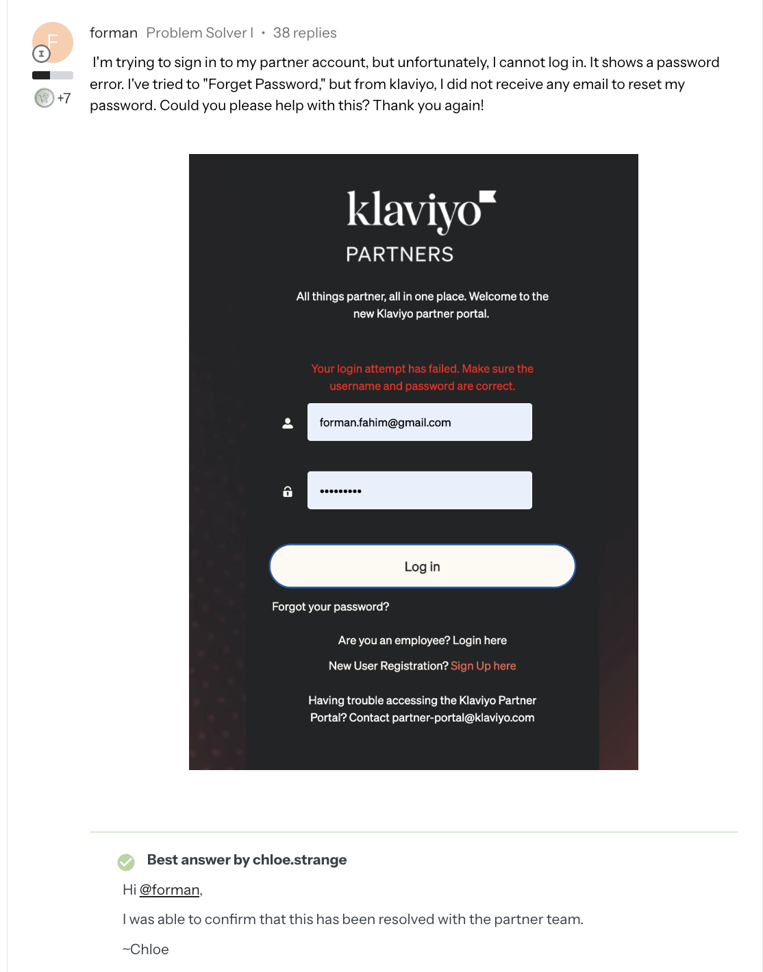 Klaviyo Community post from user explaining login failure and missing password reset email, with Partner Portal screenshot showing red error message