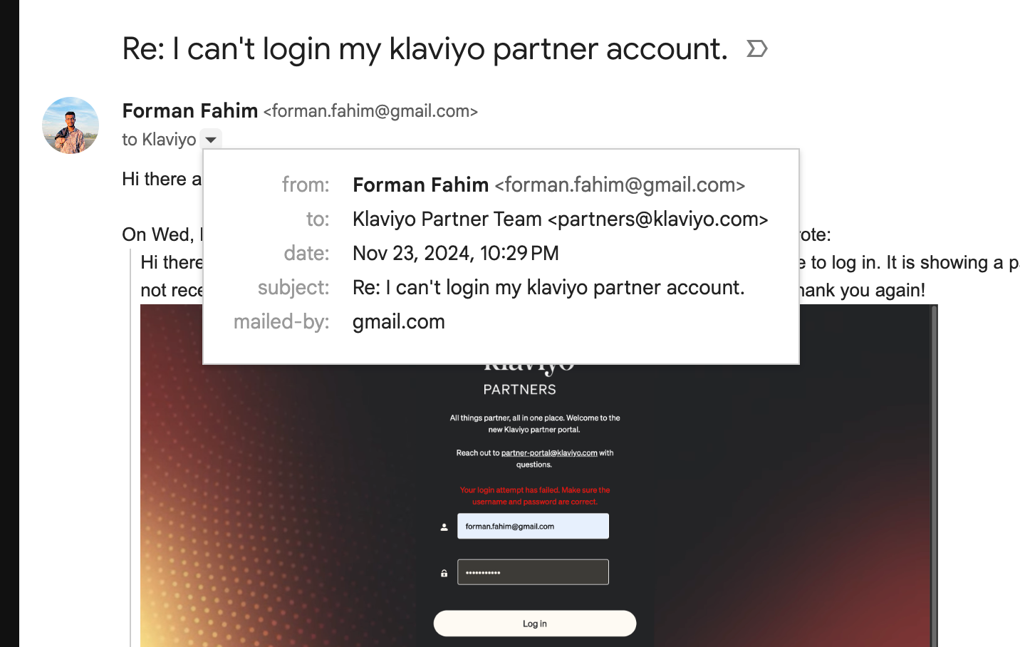 Email reply from user to Klaviyo support about login issues, referencing failed access to the Partner Portal and including error screenshot