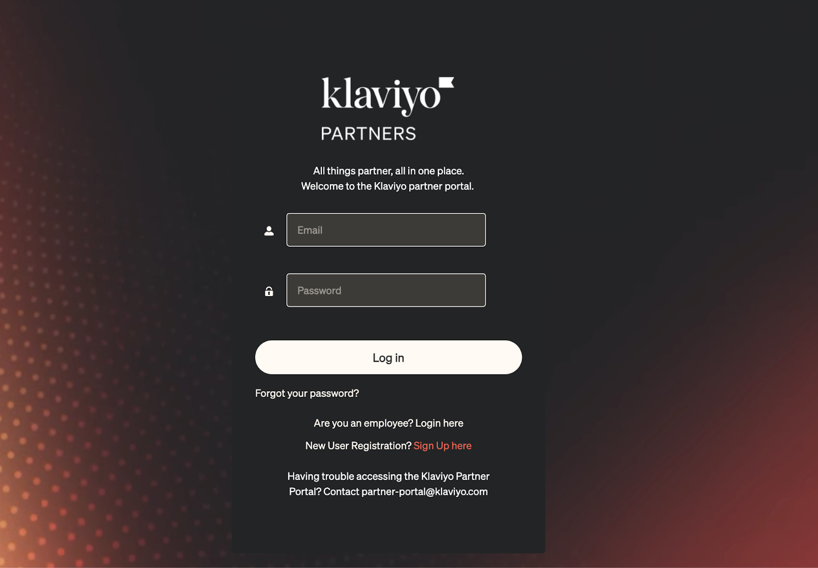 Klaviyo Partner Portal login screen with fields for email and password and links for sign-up, employee login, and password reset
