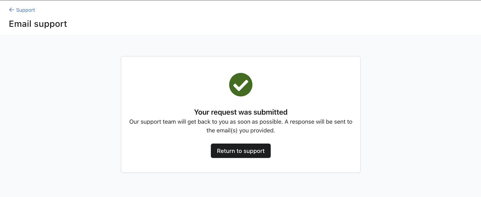 Screenshot of the email support confirmation screen in Klaviyo.