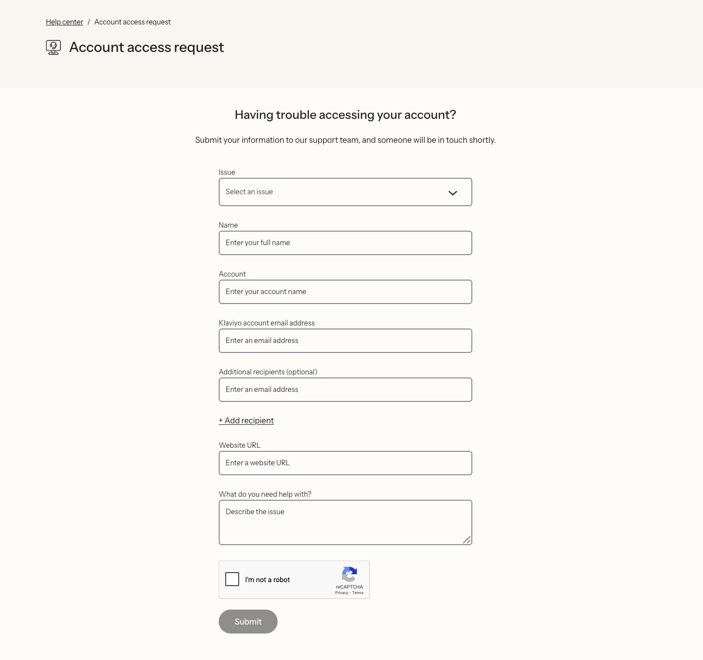 Screenshot of the account access request form in Klaviyo. Fields include issue type, name, account name, email address, website URL, and issue description.